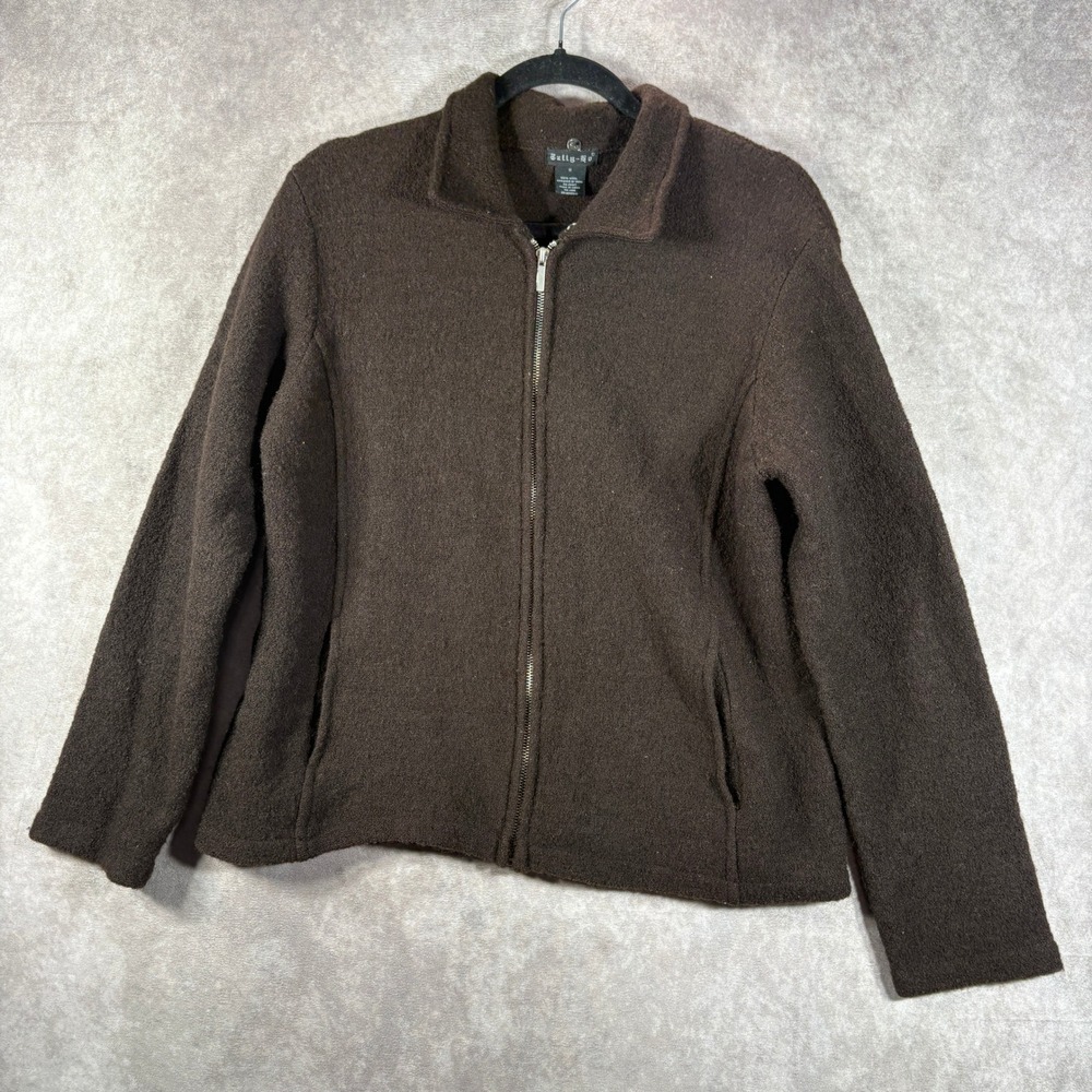 Tally-Ho Jacket Women M Brown Full Zip 100% Wool Collared Cardigan Pockets